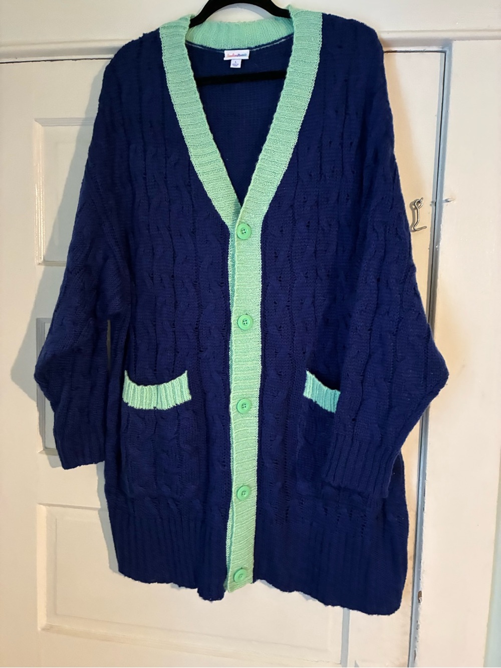 LuLaRoe Navy Cable Knit Cardigan with Mint Trim